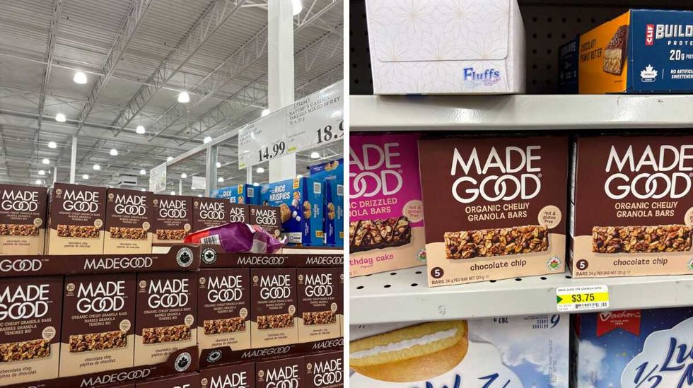 boxes of Made Good bars at Costco. Right: boxes of Made Good bars on shelf at Dollarama
