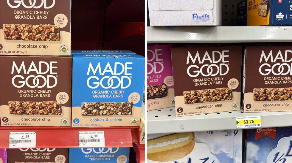 boxes of Made Good granola bars at Bulk Barn. Right: boxes of Made Good granola bars at Dollarama.