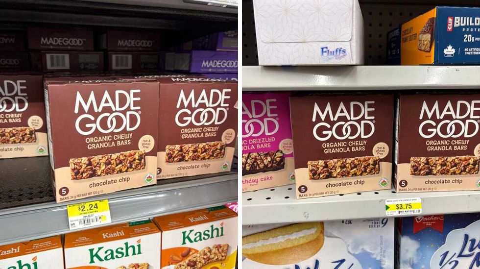 boxes of Made Good granola bars at Walmart. Right: boxes of Made Good granola bars at Dollarama.