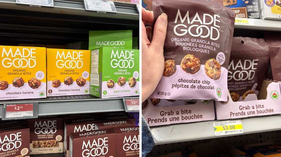 boxes of Made Good granola bites at Walmart. Right: person holding bag of Made Good granola bites at Dollarama.