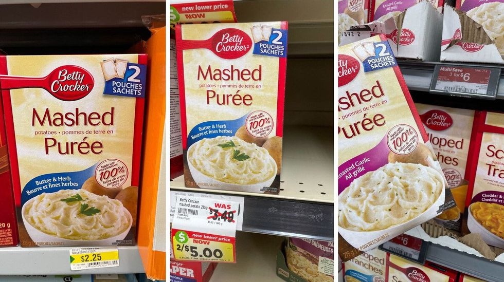 boxes of mashed potato mix at dollarama. centre: mashed potato mix in a box at metro. right: boxes of mashed potato mixes at walmart.
