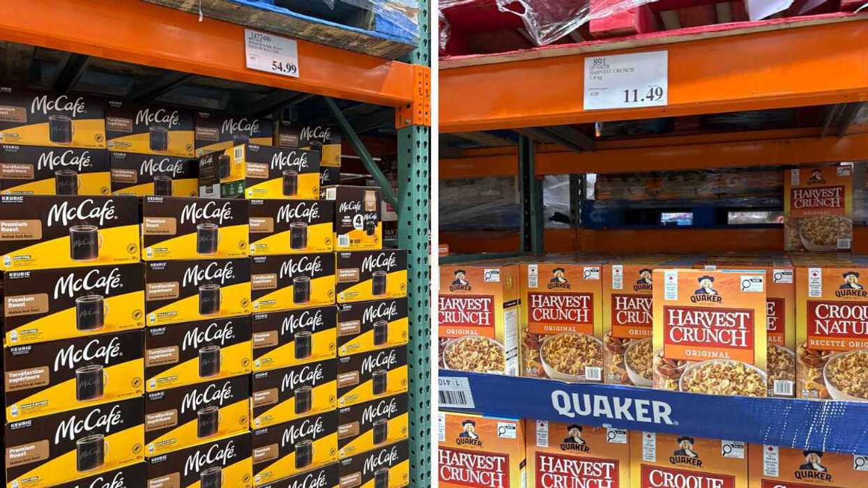 boxes of mccafe premium roast coffee at costco. right: boxes of harvest crunch cereal at costco