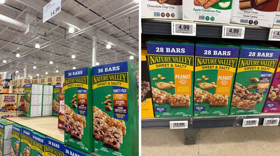 boxes of nature valley granola bars at costco. right: boxes of nature valley granola bars on shelf at loblaws