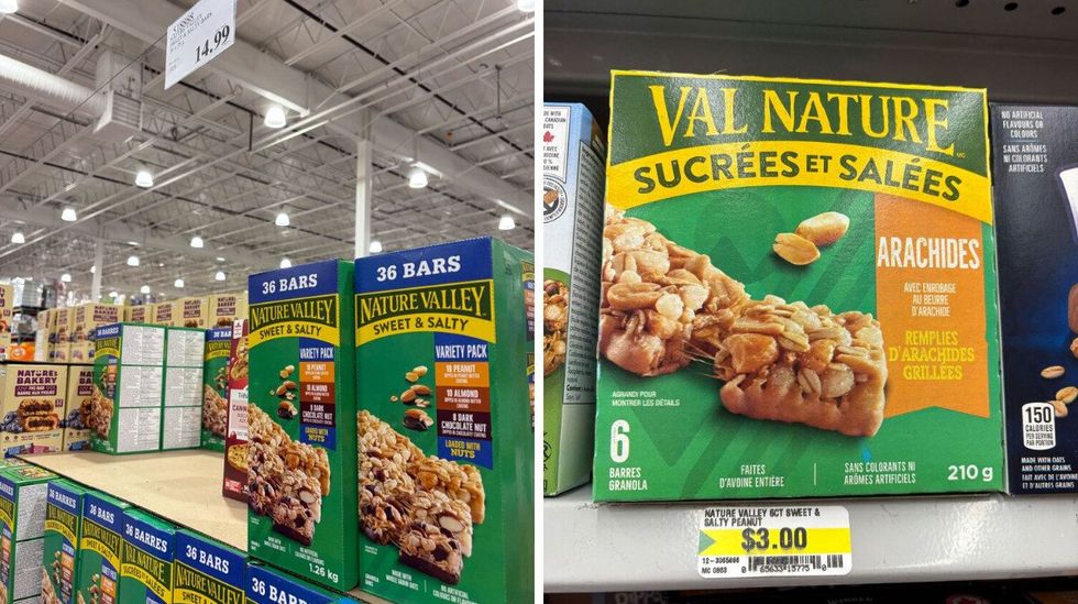 boxes of nature valley nut bars at costco. right: box of nature valley peanut bars at dollarama