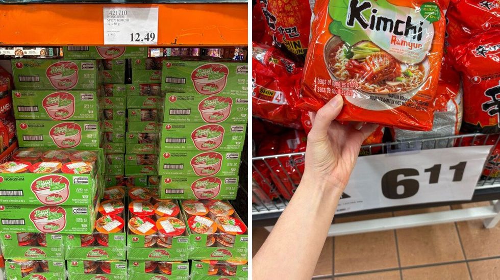 boxes of nongshim spicy kimchi instant noodles at costco. right: person holding bag of nongshim spicy kimchi instant noodles at loblaws