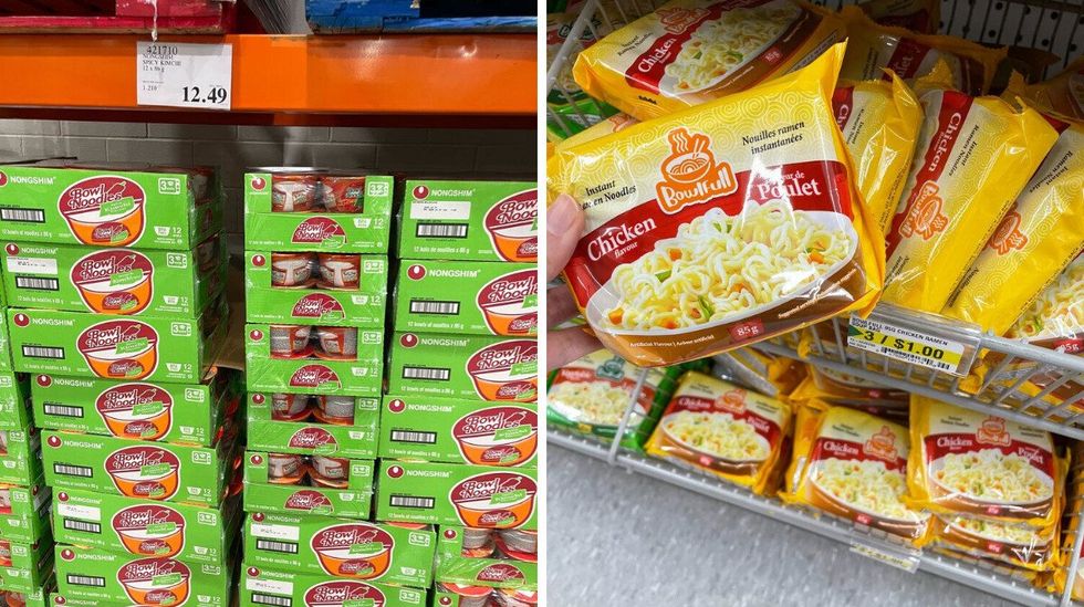 boxes of nongshim spicy kimchi instant noodles at costco. right: person holding bowlfull chicken instant noodles at dollarama