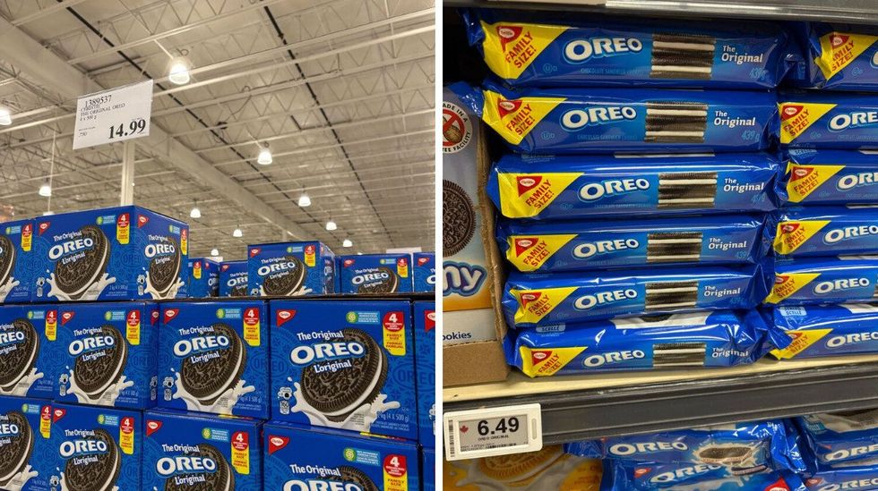 boxes of oreo cookies at costco. right: sleeves of oreo cookies on shelf at loblaws