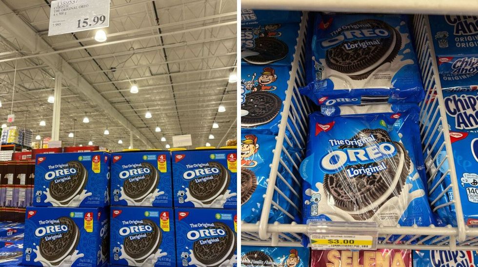boxes of oreos at costco. right: packs of oreos at dollarama