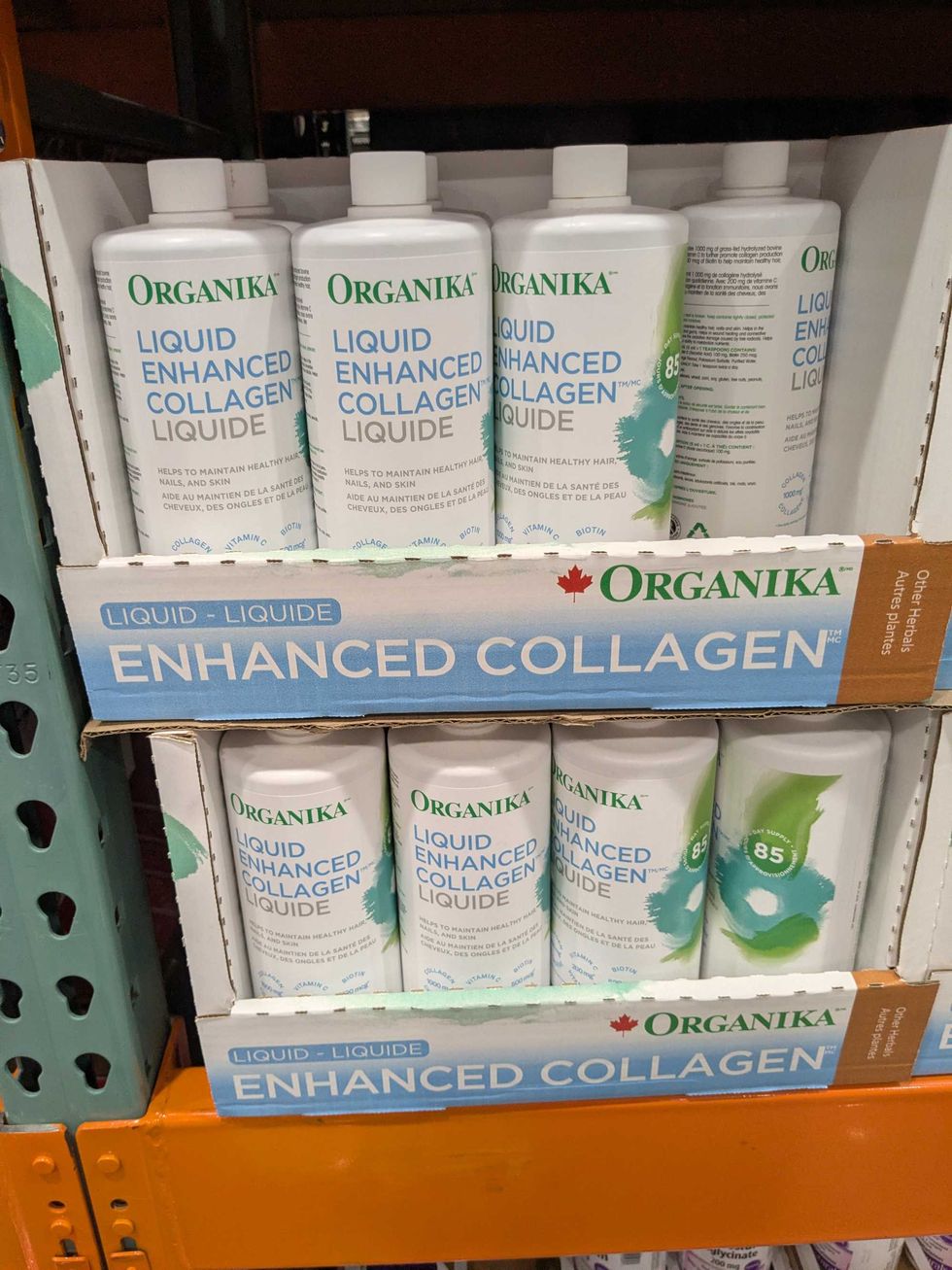 Boxes of Organika enhanced liquid collagen on a shelf
