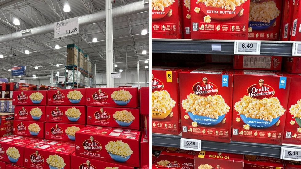 boxes of orville redenbacher microwave popcorn at costco. right: boxes of orville redenbacher microwave popcorn at loblaws