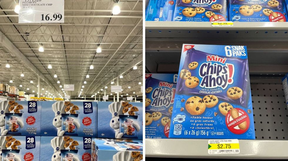 boxes of pillsbury mini chocolate chip cookies at costco. right: box of mini chips ahoy cookies on shelf at dollarama