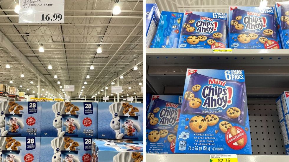 boxes of pillsbury mini chocolate chip cookies at costco. right: boxes of chips ahoy mini cookies at dollarama