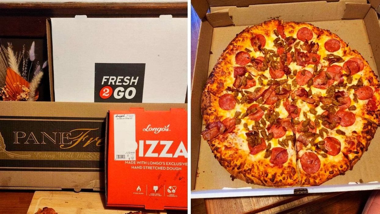 Boxes of pizza from Fortino's, Metro and Longo's. Right: A pizza from Metro.