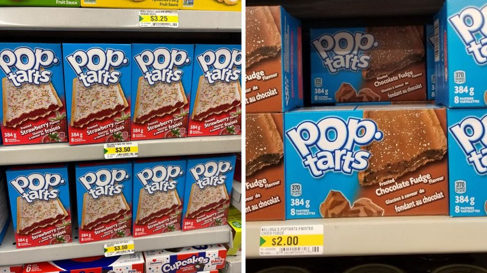 boxes of pop-tarts at dollarama in 2025. right: pop-tarts boxes on dollarama shelf in 2021