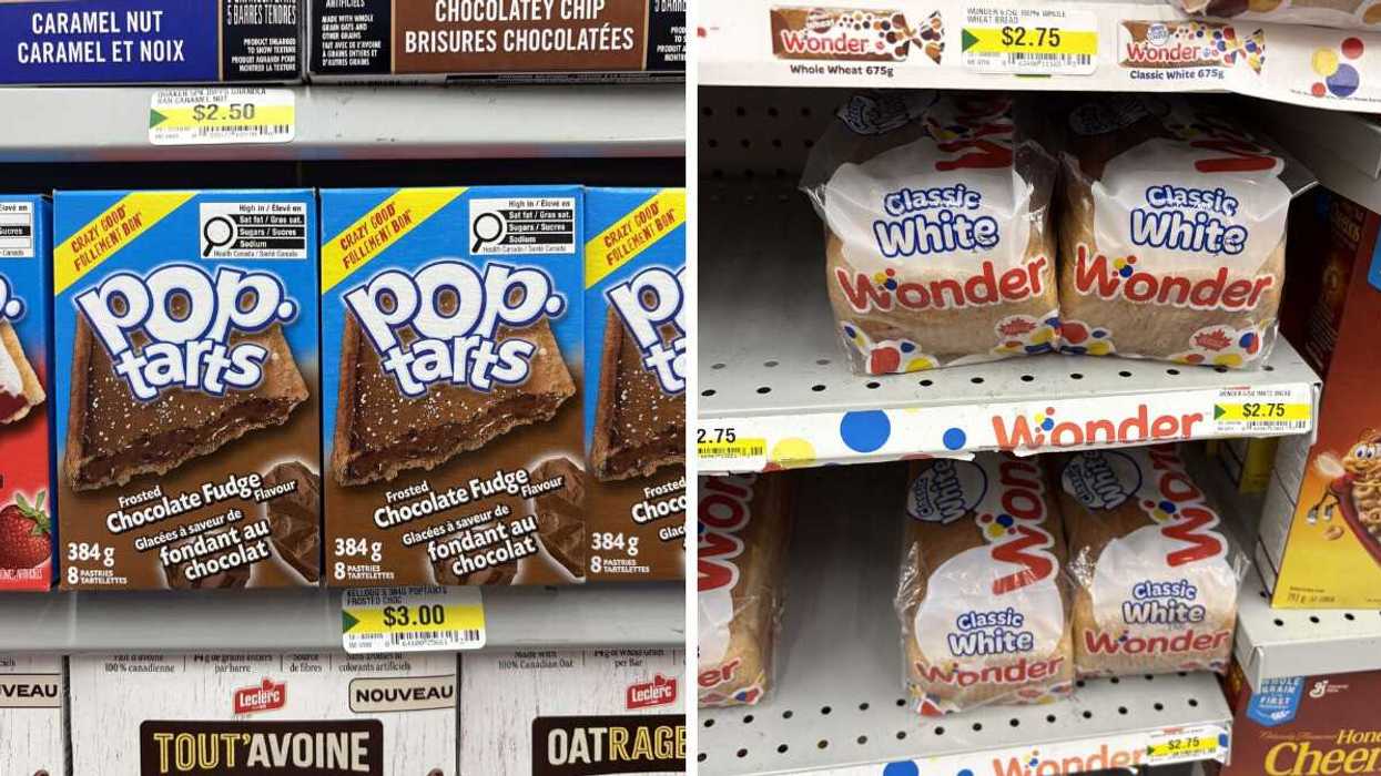 boxes of pop tarts at dollarama. right: bags of wonder bread on shelves at dollarama