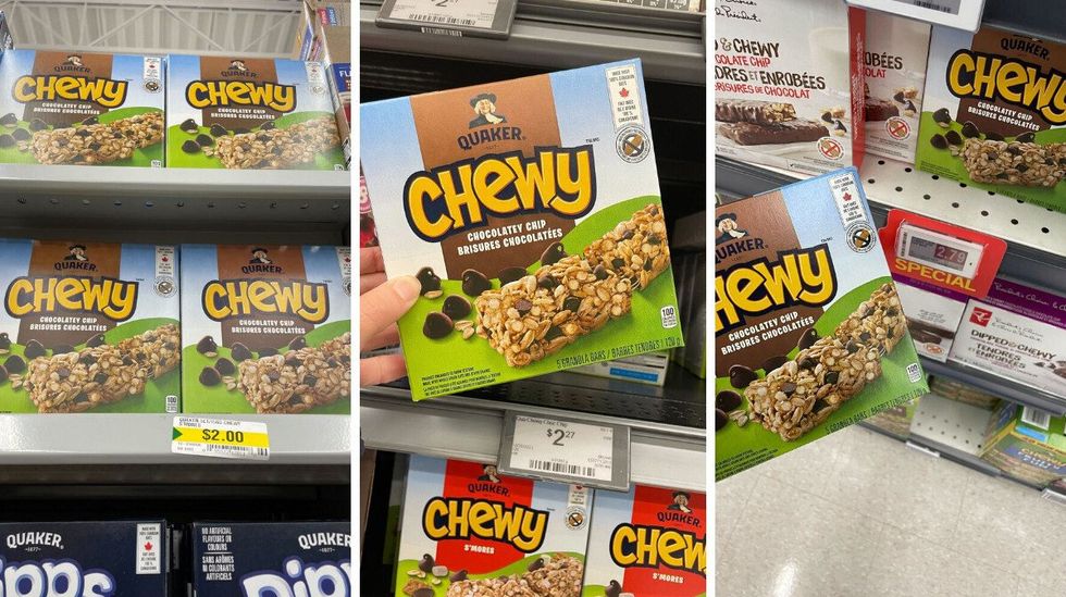 boxes of quaker chewy chocolate chip granola bars at dollarama, walmart and fortinos