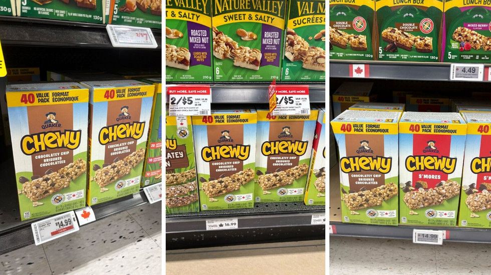 boxes of quaker chewy chocolate chip granola bars at metro, longo's and fortinos