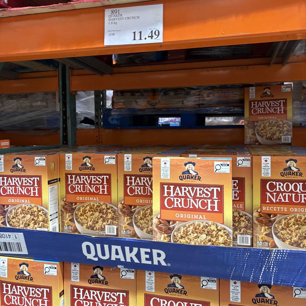 boxes of Quaker Harvest Crunch granola cereal at Costco