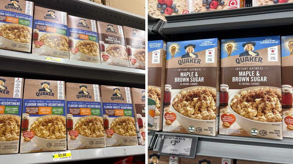 boxes of Quaker instant oatmeal at Dollarama. Right: boxes of Quaker instant oatmeal at Walmart.