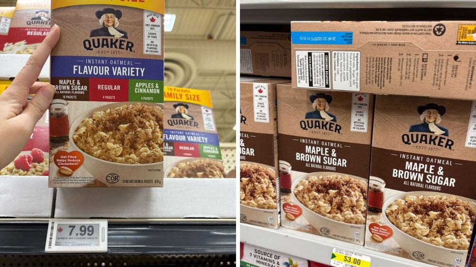 boxes of quaker instant oatmeal on shelves at loblaws and dollarama