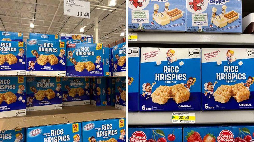 boxes of Rice Krispies squares at Costco. Right: boxes Rice Krispies squares at Dollarama