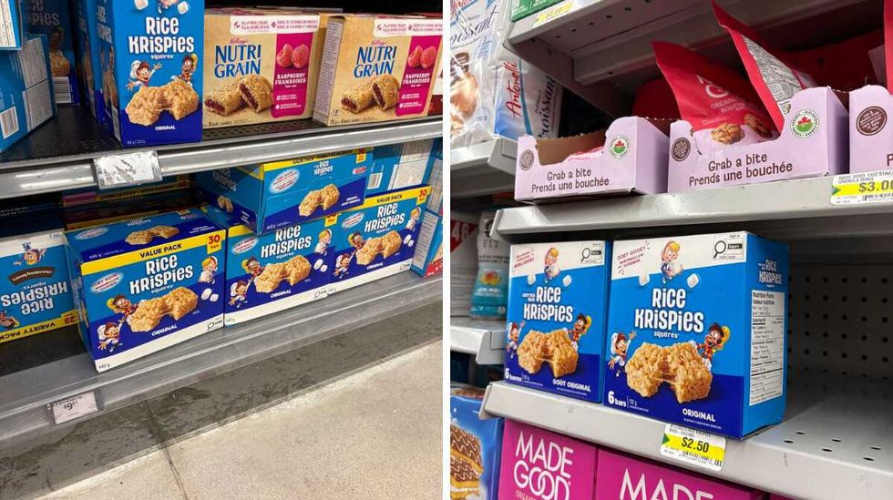 boxes of Rice Krispies Squares at Walmart. Right: boxes of Rice Krispies Squares at Dollarama.