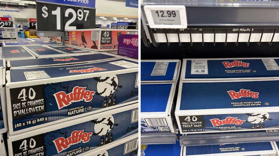 boxes of Ruffles chips \u200bat Walmart. Right: boxes of Ruffles chips at Loblaws.
