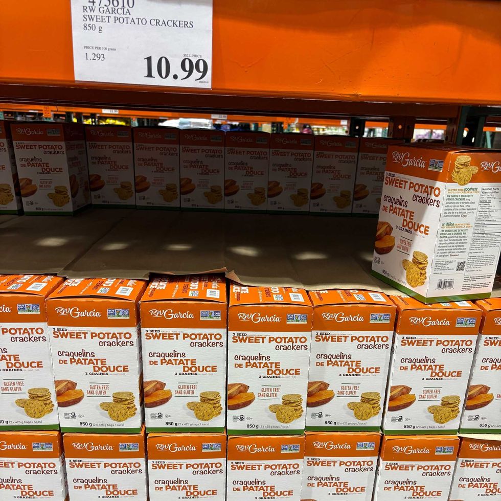 boxes of RW Garcia sweet potato crackers at costco