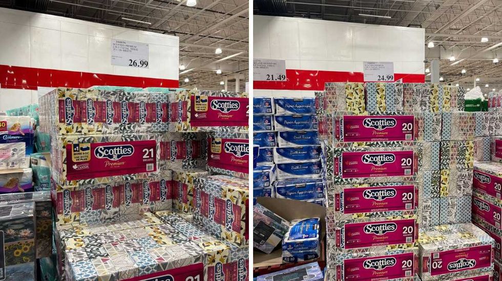 boxes of Scotties facial tissues at Costco. Right: boxes Scotties facial tissues at Costco in 2024.