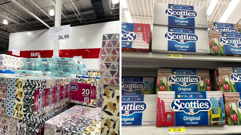 boxes of Scotties tissues at costco and dollarama