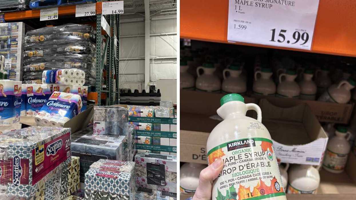 boxes of scotties tissues at costco. right: person holding bottle of kirkland signature maple syrup at costco