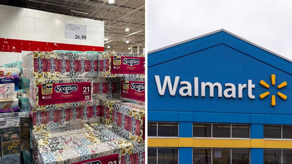 boxes of scotties tissues at costco store. right: exterior of walmart store in canada