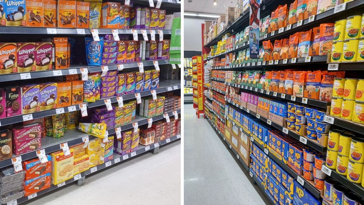 boxes of snacks on shelves at sobeys store in canada. right: kraft dinner boxes on shelves at no frills in canada