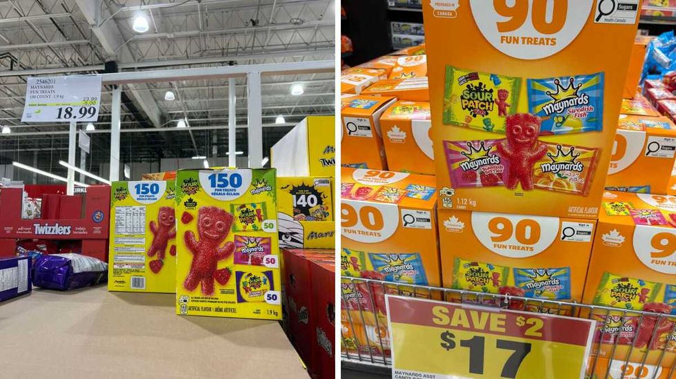 boxes of Swedish Berries and Sour Patch Kids \u200bat Costco. Right: boxes of Swedish Berries, Sour Patch Kids, Fuzzy Peach and Swedish Fish at Loblaws.