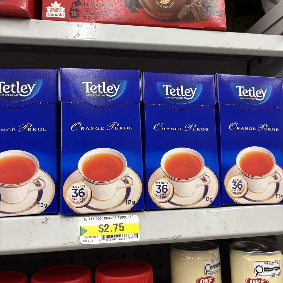 boxes of Tetley orange pekoe tea at Dollarama