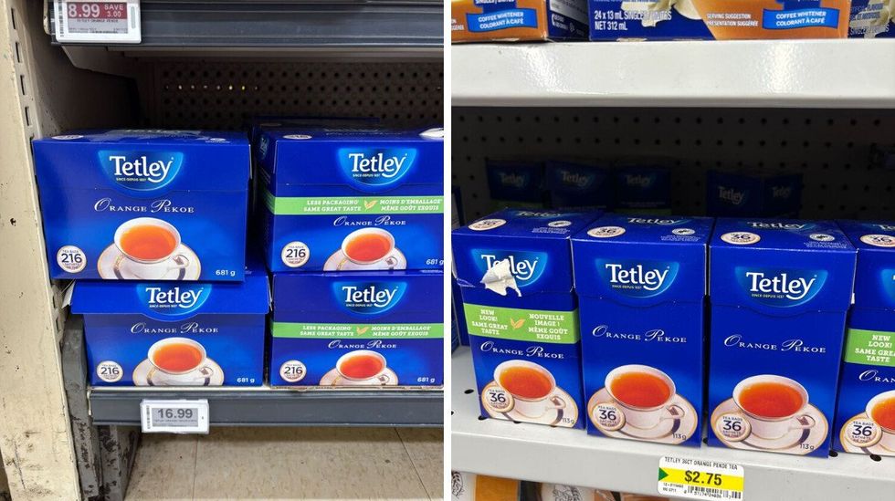boxes of tetley orange pekoe tea at loblaws and dollarama