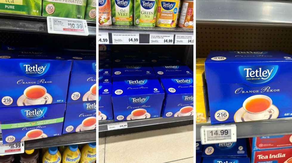 boxes of tetly tea at metro, longo's and fortinos