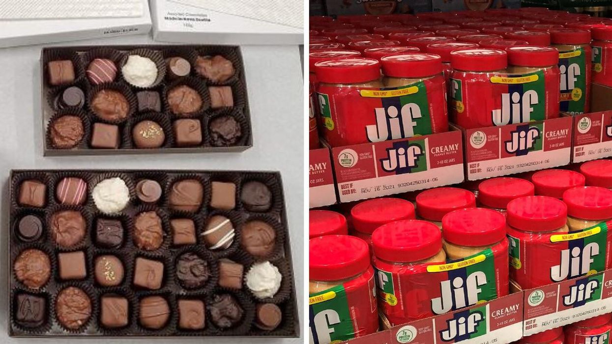 Boxes of the recalled chocolates. Right: Jars of Jif peanut butter.