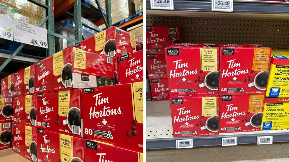 boxes of tim hortons coffee pods at costco. right: boxes of tim hortons coffee pods on shelf at loblaws
