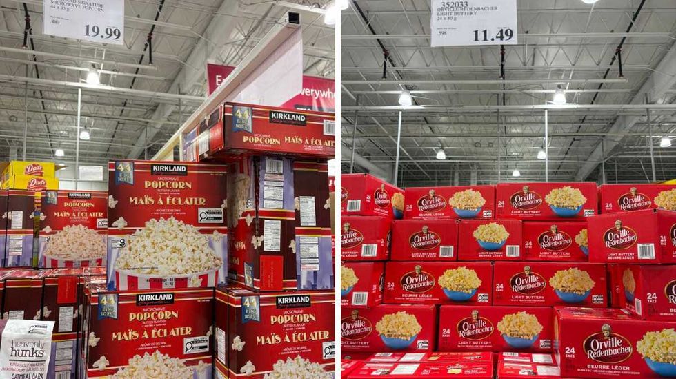 boxes of \u200b Kirkland Signature microwave popcorn. Right: boxes of Orville Redenbacher microwave popcorn at Costco.