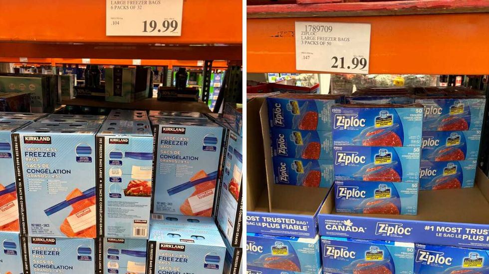boxes of \u200b\u200b Kirkland Signature large freezer bags. Right: packs of Ziploc large freezer bags at Costco.