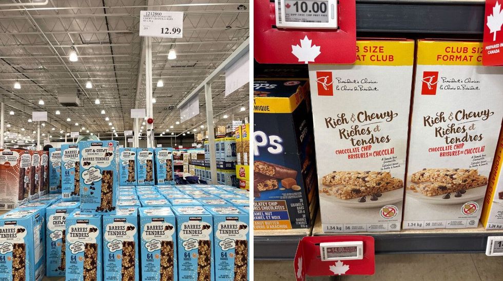 boxes of \u200b\u200b\u200b\u200bKirkland Signature chocolate chip granola bars. Right: boxes of President's Choice chocolate chip granola bars.