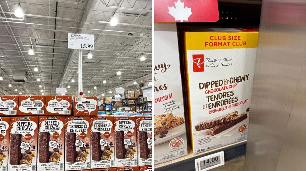 boxes of \u200b\u200b\u200bKirkland Signature chocolate-dipped granola bars. Right: box of President's Choice chocolate-dipped granola bars.