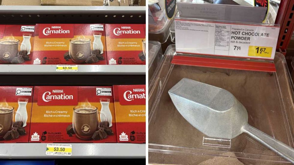 boxes of \u200b\u200bCarnation hot chocolate powder at Dollarama. Right: bin of Hot chocolate powder at Bulk Barn