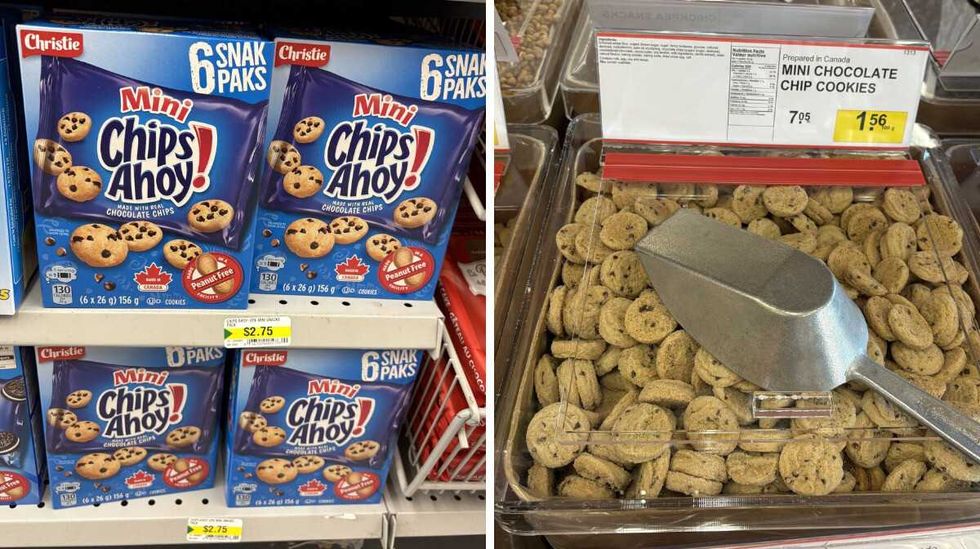 boxes of \u200b\u200bChips Ahoy mini chocolate chip cookies at Dollarama. Right: bin of Mini chocolate chip cookies at Bulk Barn