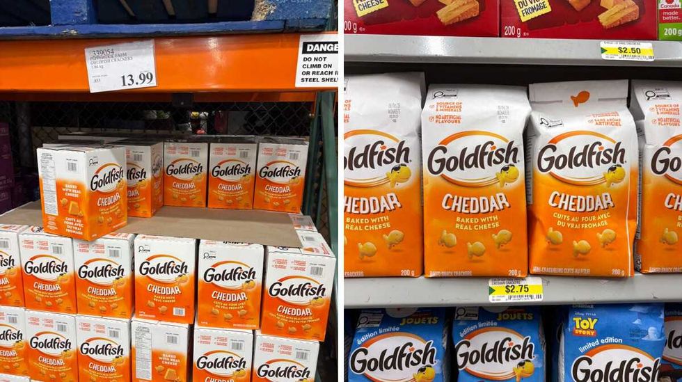 boxes of \u200b\u200bGoldfish crackers at Costco. Right: bags of Goldfish crackers at Dollarama
