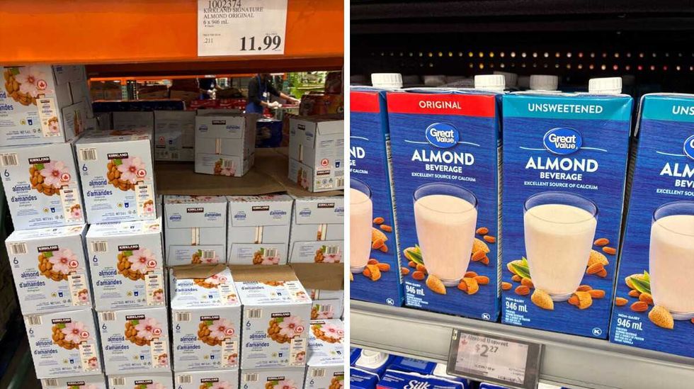 boxes of \u200b\u200bKirkland Signature almond beverage bottles at Costco. Right: bottles Great Value beverage on shelf at Walmart.