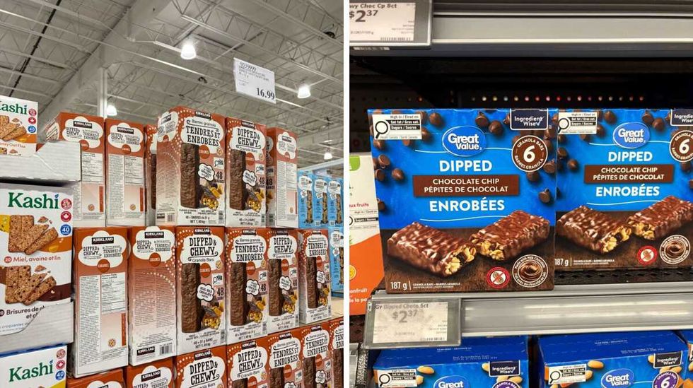 boxes of \u200b\u200bKirkland Signature chocolate-covered granola bars. Right: boxes of Great Value chocolate-covered granola bars.