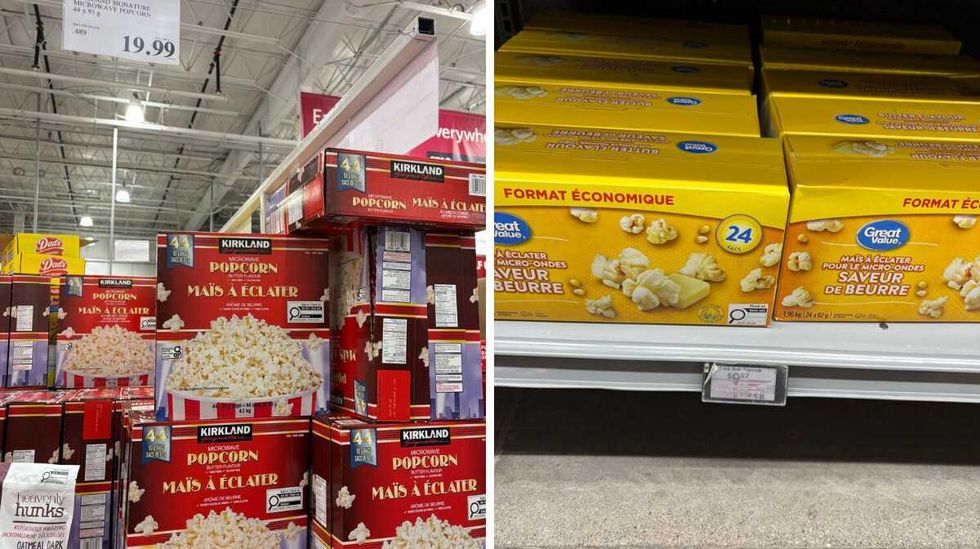 boxes of \u200b\u200bKirkland Signature microwave popcorn. Right: boxes of Great Value microwave popcorn.