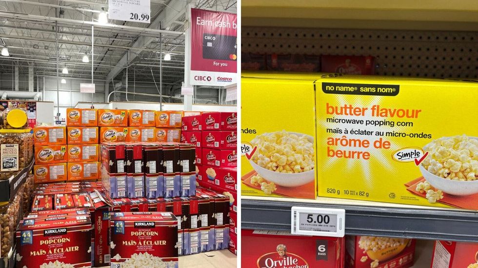 boxes of \u200b\u200bKirkland Signature popcorn. Right: boxes of No Name popcorn.